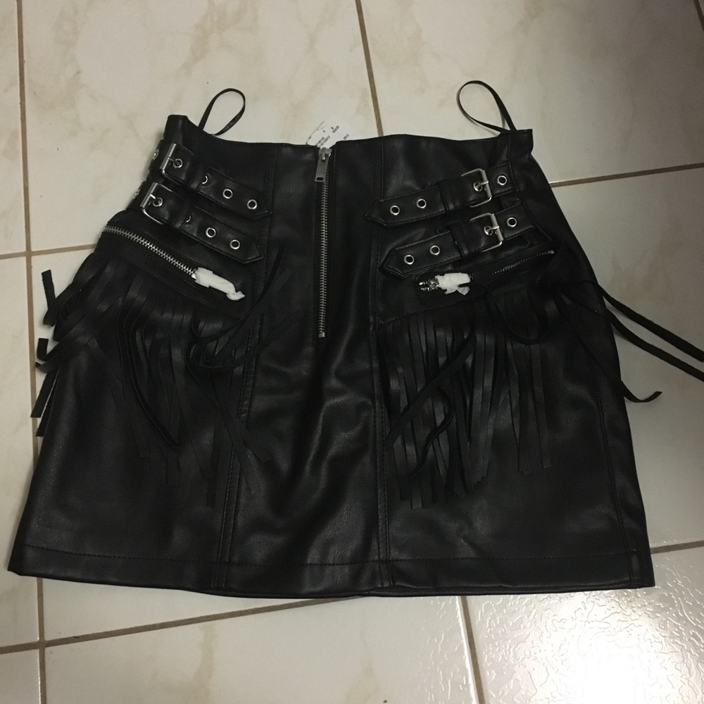 Forever 21 fringe/buckled faux leather mini skirt